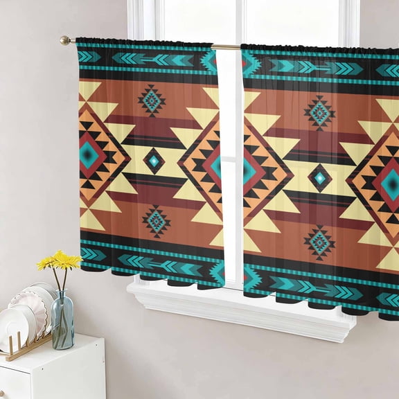 Sheer Curtains 54 Inches Long, Turquoise Red Light Filtering Window Curtains for Living Room, Southwest American Native Abstract Pattern Rod Pocket Voile Sheer Curtain Drapes, 52"W x 54"L, 2 Panels