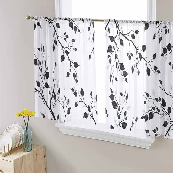 Sheer Curtains 54 Inches Long, Watercolor Summer Botanical Light Filtering Window Curtains for Living Room/Bedroom, Black Botanical Rod Pocket Voile Sheer Curtain Drapes, 52"W x 54"L, 2 Panels