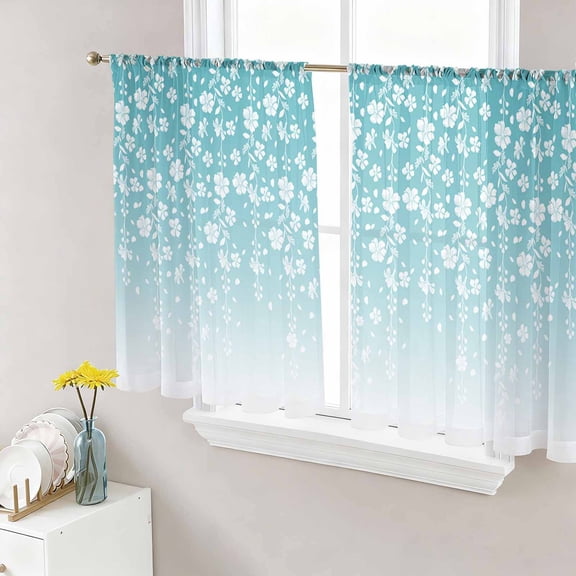 Sheer Curtains 54 Inches Long, Weeping Flowers Light Filtering Window Curtains for Living Room, Teal Ombre Spring Floral Botanical Art Rod Pocket Voile Sheer Curtain Drapes, 52"W x 54"L, 2 Panels