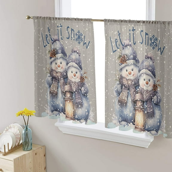 Sheer Curtains 54 Inches Long, Winter Snowflake Grey Rustic Burlap Light Filtering Window Curtains for Living Room, Christmas Snowman Rod Pocket Voile Sheer Curtain Drapes, 52"W x 54"L, 2 Panels