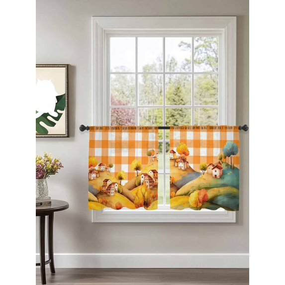 Sheer Curtains 54 inches Long 2 Panels Set Fall Hills House Tree Orange White Plaid Cartoon Fall Tiers Sheers Rod Pocket Small Window Short Curtains for Kitchen Cafe, Each 52" W x 54" L