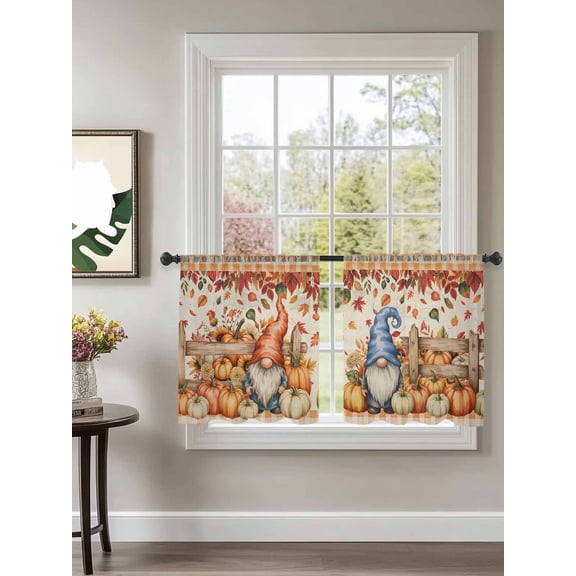 Sheer Curtains 54 inches Long 2 Panels Set Fall Pumpkin Gnome Thanksgiving Fallen Leaves Wooden Fence Tiers Sheers Rod Pocket Small Window Short Curtains for Kitchen Cafe, Each 52" W x 54" L