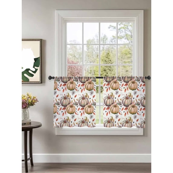 Sheer Curtains 54 inches Long 2 Panels Set Fall Theme Watercolor Pumpkin Fallen Leaves Tiers Sheers Rod Pocket Small Window Short Curtains for Kitchen Cafe, Each 52" W x 54" L