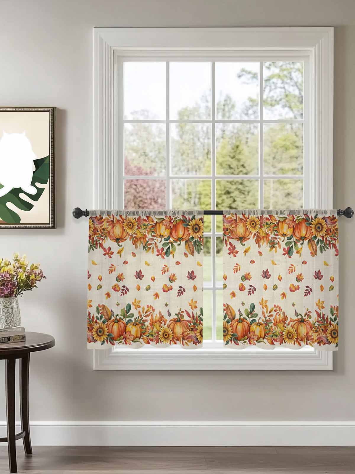 Sheer Curtains 54 inches Long 2 Panels Set Pumpkin Sunflower Fall Maple Leaf Thanksgiving Retro Linen Tiers Sheers Rod Pocket Small Window Short Curtains for Kitchen Cafe, Each 52" W x 54" L