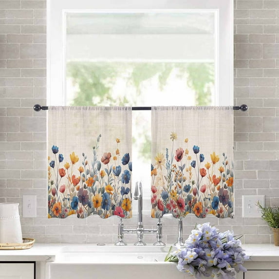Sheer Curtains 54 inches Long, Blue and Yellow Poppy Watercolor Floral Plants Retro Linen Light Filtering Sheer Window Curtains Rod Pocket Voile Drapes for Bedroom Living Room, 52"W x 54"L 2 Panels