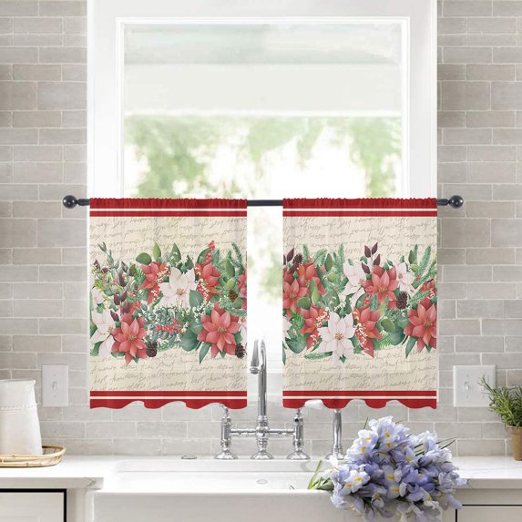 Sheer Curtains 54 inches Long, Christmas Poinsettia Floral Eucalyptus Leaves Red Stripe Light Filtering Sheer Window Curtains Rod Pocket Voile Drapes for Bedroom Living Room, 52"W x 54"L 2 Panels