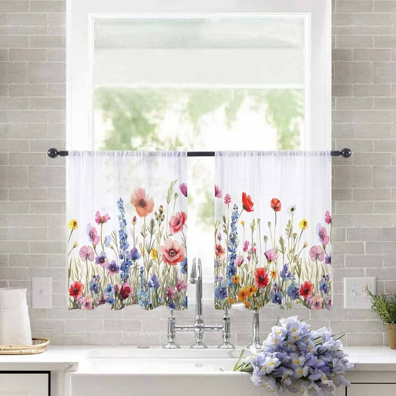 Sheer Curtains 54 inches Long, Colorful Poppy Watercolor Floral Light Filtering Sheer Window Curtains Rod Pocket Voile Drapes for Bedroom Living Room, 52"W x 54"L 2 Panels