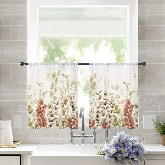 Sheer Curtains 54 inches Long, Fall Autumn Eucalyptus Leaf Withered Plants Farmhouse Light Filtering Sheer Window Curtains Rod Pocket Voile Drapes for Bedroom Living Room, 52"W x 54"L 2 Panels