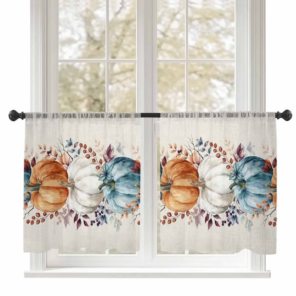 Sheer Curtains 54 inches Long, Fall Thanksgiving Watercolor Pumpkin Leaf Linen Texture Light Filtering Sheer Window Curtains Rod Pocket Voile Drapes for Bedroom Living Room, 52"W x 54"L 2 Panels