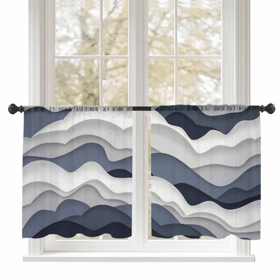 Sheer Curtains 54 inches Long, Gradient Ocean Waves Dark Blue Gradient Waves Light Filtering Sheer Window Curtains Rod Pocket Voile Drapes for Bedroom Living Room, 52"W x 54"L 2 Panels