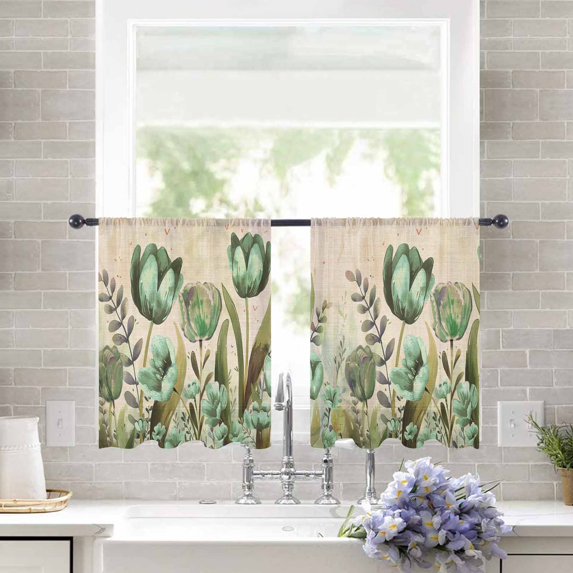 Sheer Curtains 54 inches Long, Green Tulip Watercolor Floral Retro Linen Light Filtering Sheer Window Curtains Rod Pocket Voile Drapes for Bedroom Living Room, 52"W x 54"L 2 Panels