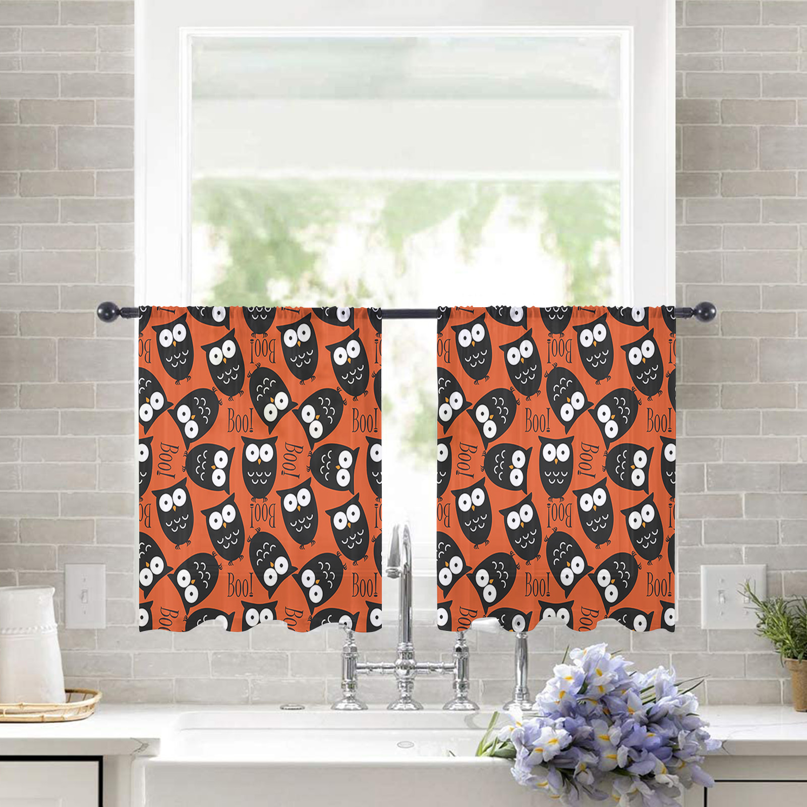Sheer Curtains 54 inches Long, Halloween Element Boo Funny Owl Light