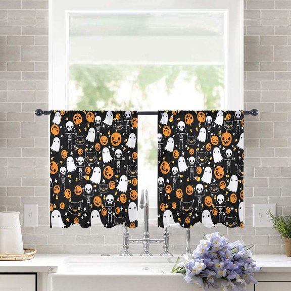 Sheer Curtains 54 inches Long, Halloween Scary Pumpkin Cute Black Cat Ghost Black Light Filtering Sheer Window Curtains Rod Pocket Voile Drapes for Bedroom Living Room, 52"W x 54"L 2 Panels