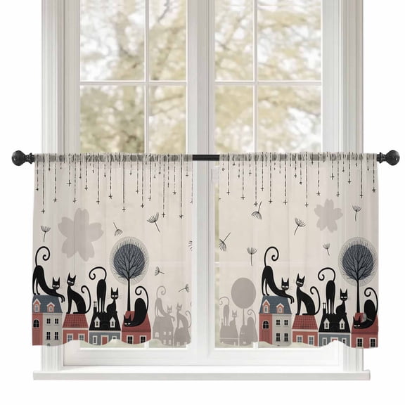 Sheer Curtains 54 inches Long, Japanese Harmony Cat Dandelion Houses Cartoon Light Filtering Sheer Window Curtains Rod Pocket Voile Drapes for Bedroom Living Room, 52"W x 54"L 2 Panels