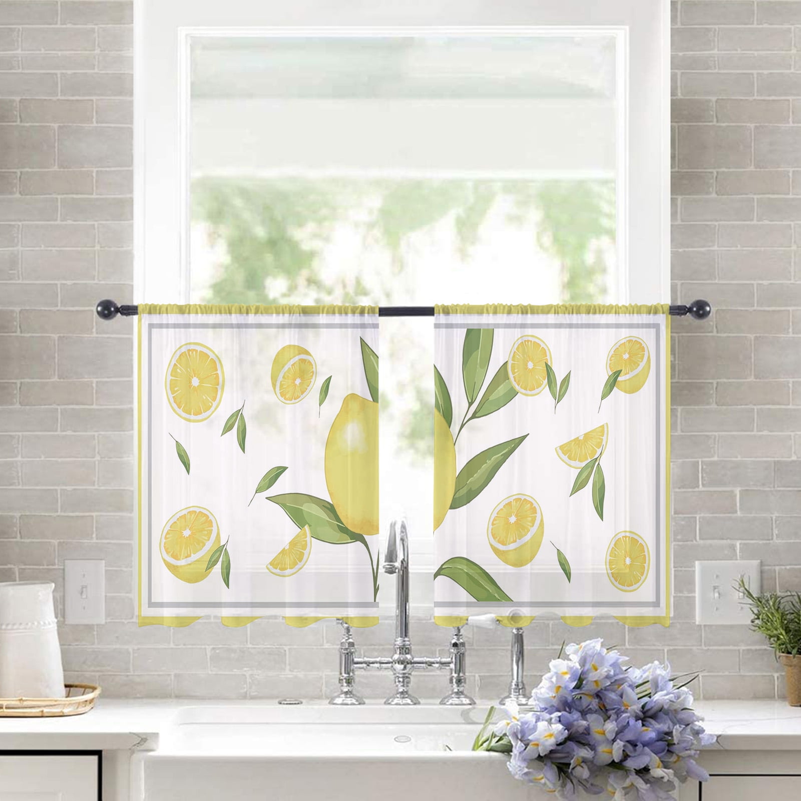 Sheer Curtains 54 inches Long, Lemon Tree in Yellow Border Light