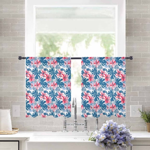 Sheer Curtains 54 inches Long, Pink Flowers Navy Blue Leaves Watercolor Tropical Plants Light Filtering Sheer Window Curtains Rod Pocket Voile Drapes for Bedroom Living Room, 52"W x 54"L 2 Panels