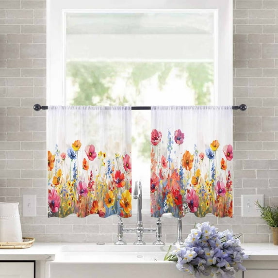 Sheer Curtains 54 inches Long, Red Pink and Yellow Poppy Oil Painting Floral Light Filtering Sheer Window Curtains Rod Pocket Voile Drapes for Bedroom Living Room, 52"W x 54"L 2 Panels