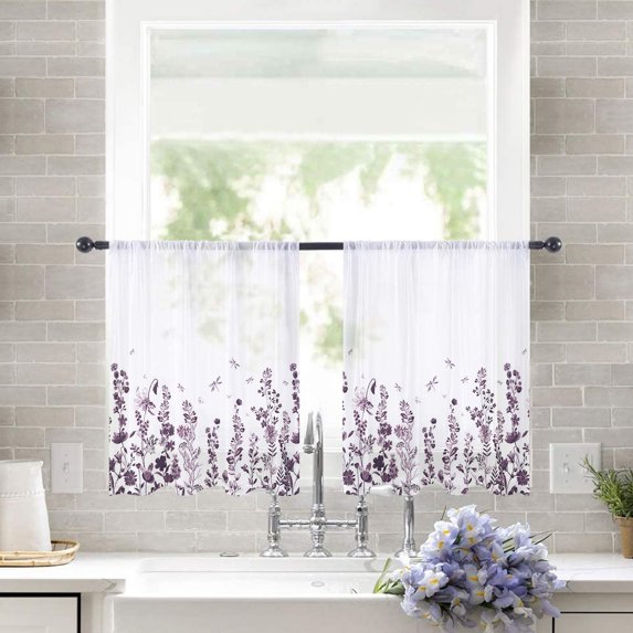 Sheer Curtains 54 inches Long, Retro Purple Flowers Floral Dragonfly Light Filtering Sheer Window Curtains Rod Pocket Voile Drapes for Bedroom Living Room, 52"W x 54"L 2 Panels