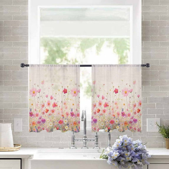 Sheer Curtains 54 inches Long, Watercolor Red Pink Floral Linen Texture Light Filtering Sheer Window Curtains Rod Pocket Voile Drapes for Bedroom Living Room, 52"W x 54"L 2 Panels