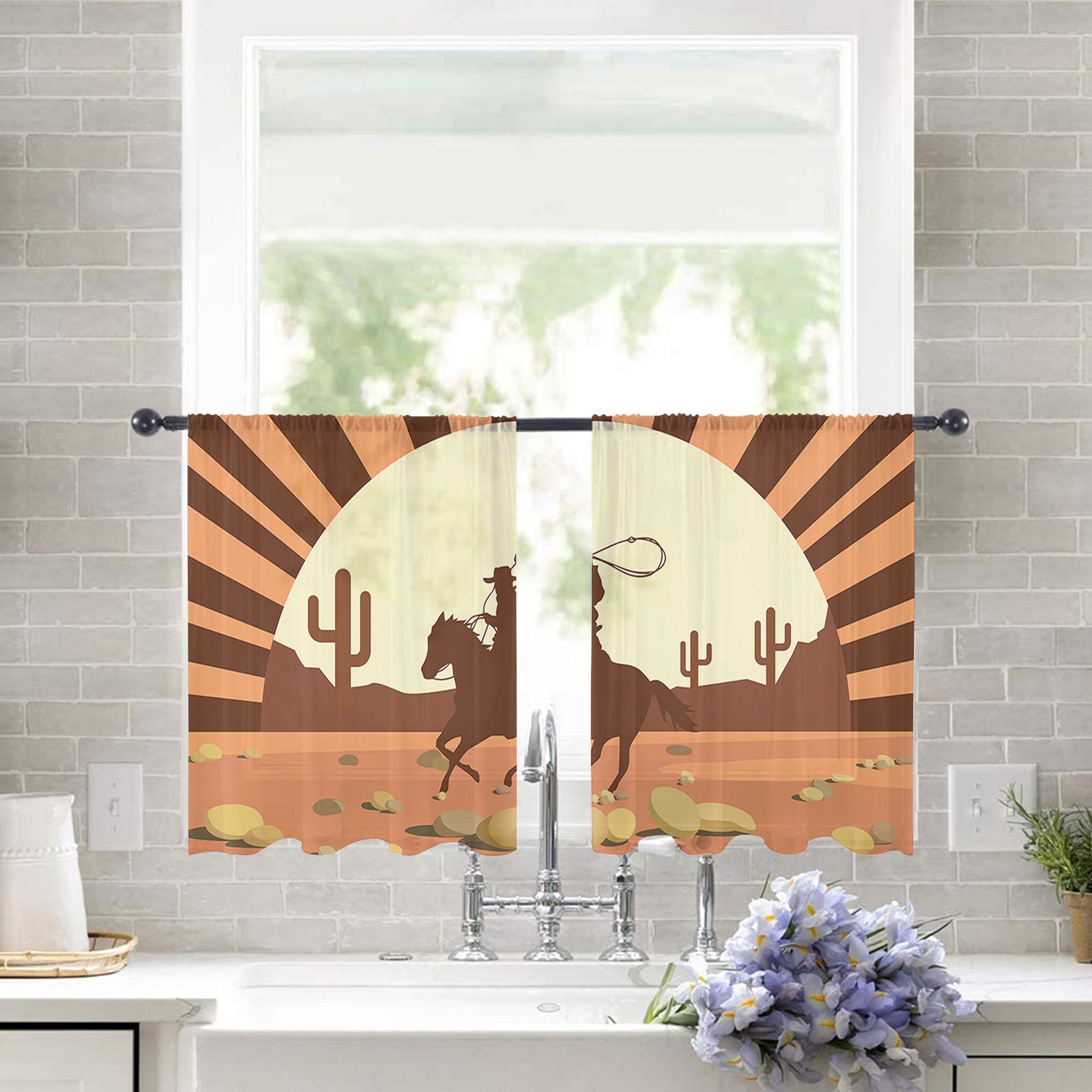 Sheer Curtains 54 inches Long, Western Cowboy Cowboy on Horseback with ...