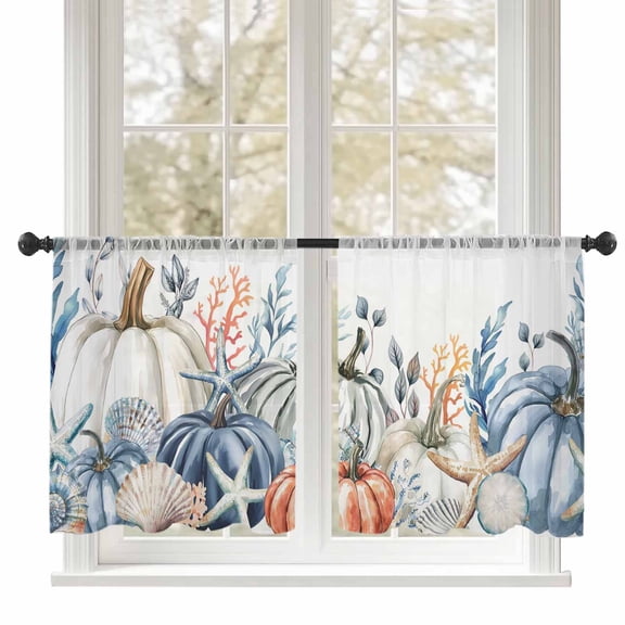 Sheer Curtains 54 inches Long, White Pumpkin Coastal Starfish Coral Shell Fall Thanksgiving Leaf Light Filtering Sheer Window Curtains Rod Pocket Voile Drapes for Bedroom, 52"Wx54"L 2 Panels