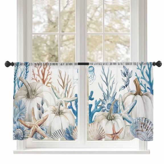 Sheer Curtains 54 inches Long, White Pumpkin Coastal Starfish Coral Shell Jellyfish Light Filtering Sheer Window Curtains Rod Pocket Voile Drapes for Bedroom Living Room, 52"W x 54"L 2 Panels