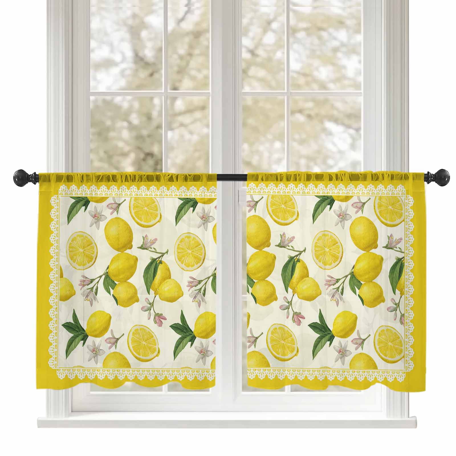 Sheer Curtains 54 inches Long, Yellow Lemon Floral Leaf Summer Fruit ...
