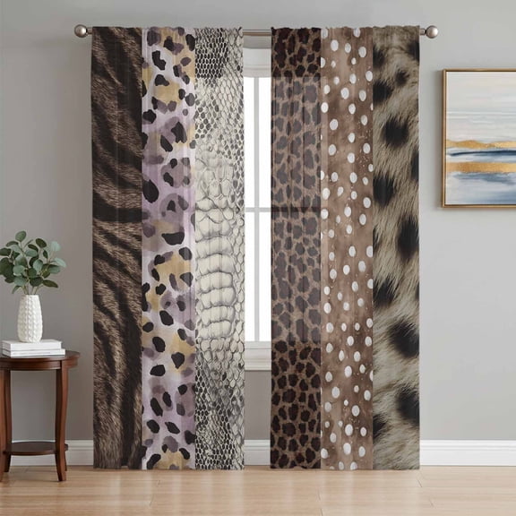 Sheer Curtains 63 Inch Length 2 Panels Set for Bedroom, Animals Printed Striped Semi Sheer Curtains for Windows, Country Leopard Zebra Textured Voile Window Treatments Rod Pocket Curtain