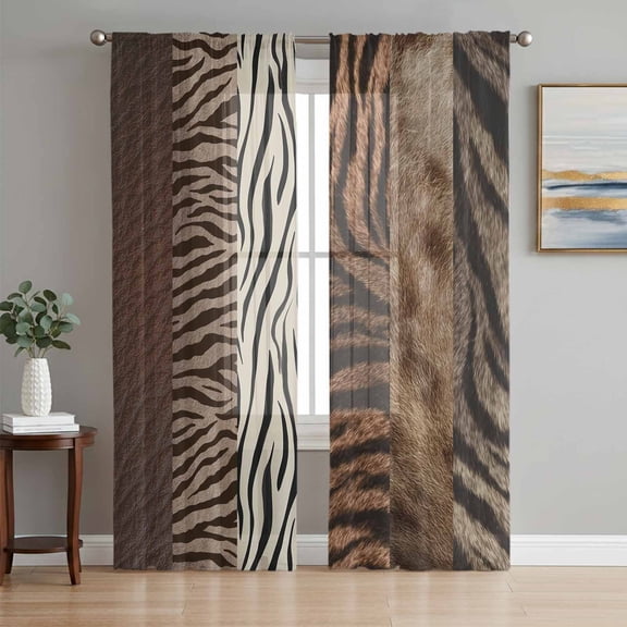 Sheer Curtains 63 Inch Length 2 Panels Set for Bedroom, Animals Printed Striped Semi Sheer Curtains for Windows, Rustic Country Zebra Textured Voile Window Treatments Rod Pocket Curtain