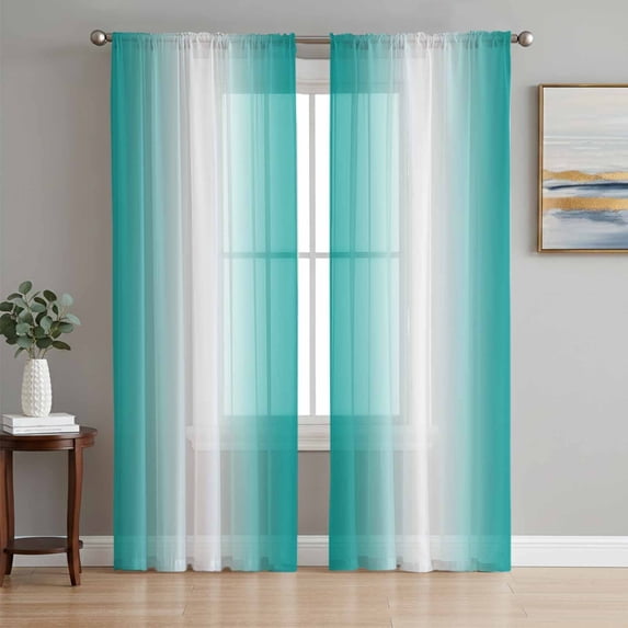 Sheer Curtains 63 Inch Length 2 Panels Set for Bedroom, Aqua White Ombre Semi Sheer Curtains for Windows, Gradient Abstract Minimalist Aesthetic Voile Window Treatments Rod Pocket Curtain