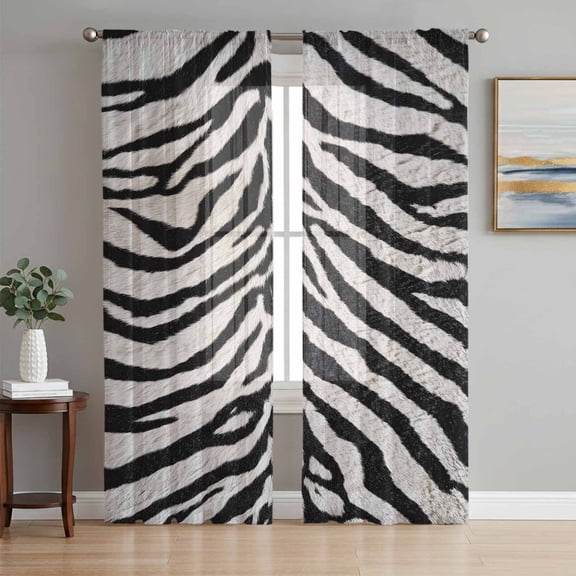 Sheer Curtains 63 Inch Length 2 Panels Set for Bedroom, Black White Zebras Semi Sheer Curtains for Windows, Vintage Abstract Art Voile Window Treatments Rod Pocket Curtain