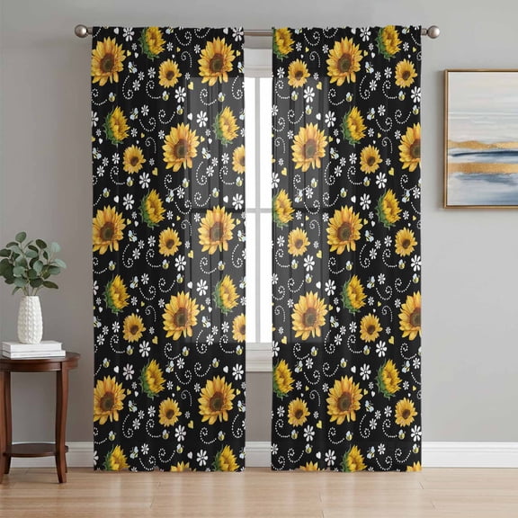 Sheer Curtains 63 Inch Length 2 Panels Set for Bedroom, Black Yellow Sunflower Semi Sheer Curtains for Windows, Summer Botanical Farmhouse Floral Voile Window Treatments Rod Pocket Curtain