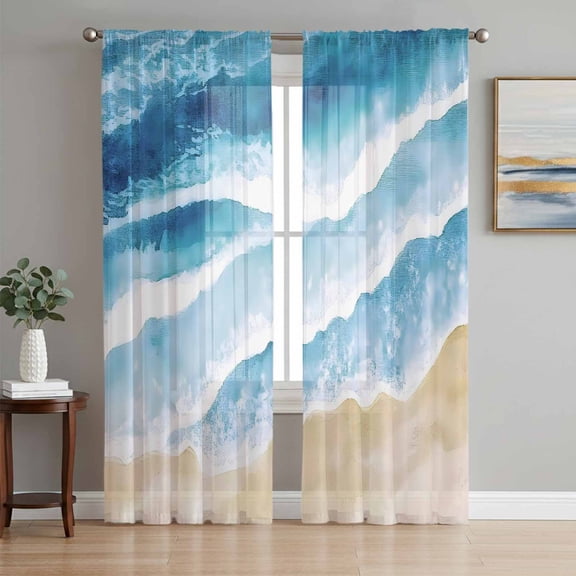 Sheer Curtains 63 Inch Length 2 Panels Set for Bedroom, Blue Waves Coastal Semi Sheer Curtains for Windows, Summer Beach Nautical Ocean Voile Window Treatments Rod Pocket Curtain