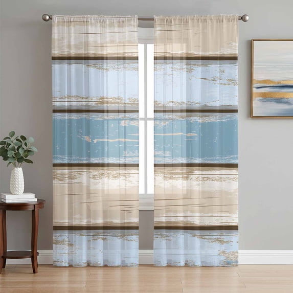 Sheer Curtains 63 Inch Length 2 Panels Set for Bedroom, Blue Wood Grain Semi Sheer Curtains for Windows, Vintage Country Watercolor Striped Voile Window Treatments Rod Pocket Curtain