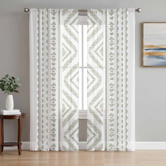 Sheer Curtains 63 Inch Length 2 Panels Set for Bedroom, Boho Sage Green Geometric Semi Sheer Curtains for Windows, Vintage Southwestern Stripes Voile Window Treatments Rod Pocket Curtain