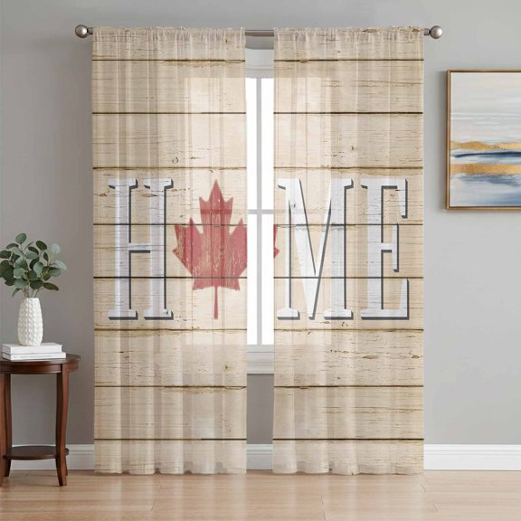 Sheer Curtains 63 Inch Length 2 Panels Set for Bedroom, Canada Maple Home Semi Sheer Curtains for Windows, Red Leaf Vintage Farmhouse Grey Wooden Voile Window Treatments Rod Pocket Curtain