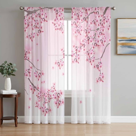 Sheer Curtains 63 Inch Length 2 Panels Set for Bedroom, Cherry Blossom Semi Sheer Curtains for Windows, Gradient Tree Pink Flower Plant Voile Window Treatments Rod Pocket Curtain