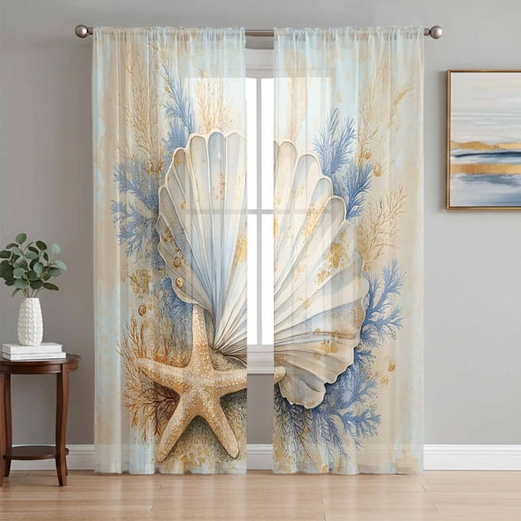Sheer Curtains 63 Inch Length 2 Panels Set for Bedroom, Coastal Shell Semi Sheer Curtains for Windows, Starfish Summer Beach Nautical Ocean Voile Window Treatments Rod Pocket Curtain