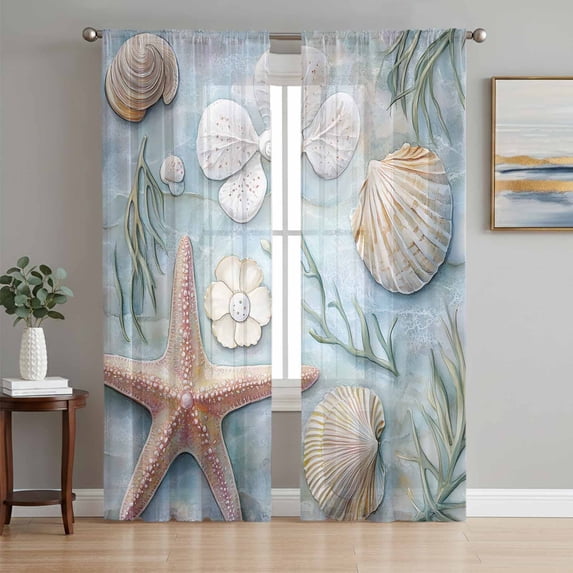 Sheer Curtains 63 Inch Length 2 Panels Set for Bedroom, Coastal Starfish Semi Sheer Curtains for Windows, Summer Beach Nautical Shell Coral Voile Window Treatments Rod Pocket Curtain