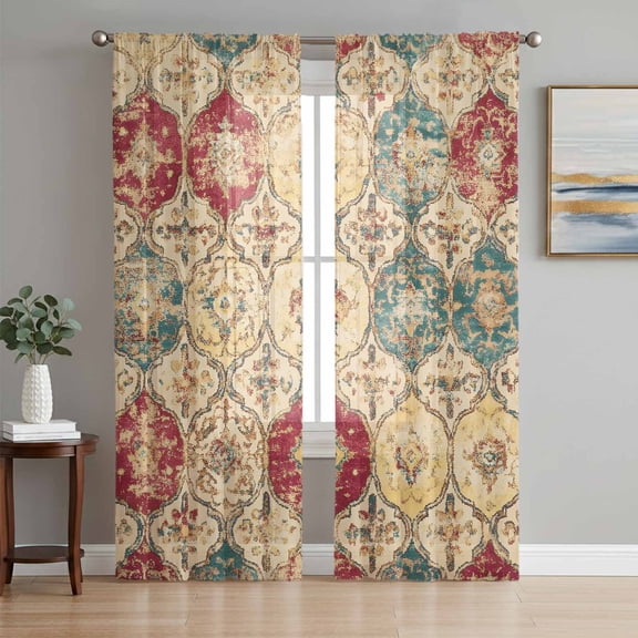 Sheer Curtains 63 Inch Length 2 Panels Set for Bedroom, Country Morocco Semi Sheer Curtains for Windows, Vintage Chic Shabby Texture Aesthetic Voile Window Treatments Rod Pocket Curtain