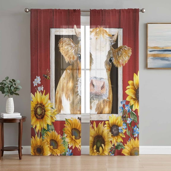 Sheer Curtains 63 Inch Length 2 Panels Set for Bedroom, Cows Sunflowers Semi Sheer Curtains for Windows, Spring Floral Bees Farmhouse Barn Voile Window Treatments Rod Pocket Curtain
