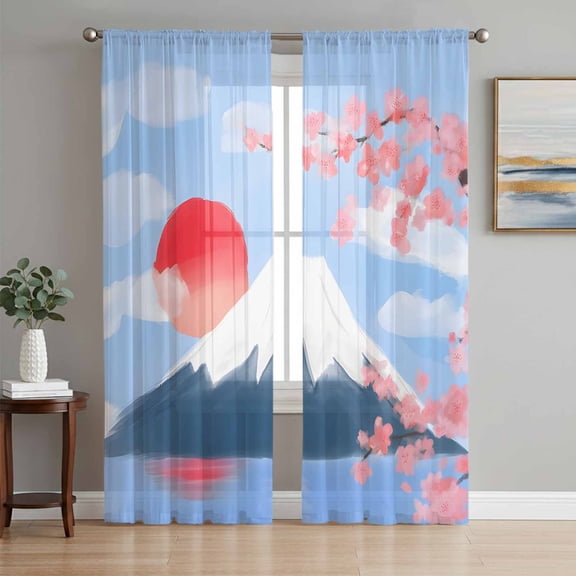 Sheer Curtains 63 Inch Length 2 Panels Set for Bedroom, Flowers Mountain Semi Sheer Curtains for Windows, Spring Sun Floral Nature Scenery Voile Window Treatments Rod Pocket Curtain