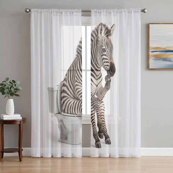 Sheer Curtains 63 Inch Length 2 Panels Set for Bedroom, Funny Zebras Semi Sheer Curtains for Windows, Cute Art Fun Lovely Animals on Toilets Voile Window Treatments Rod Pocket Curtain