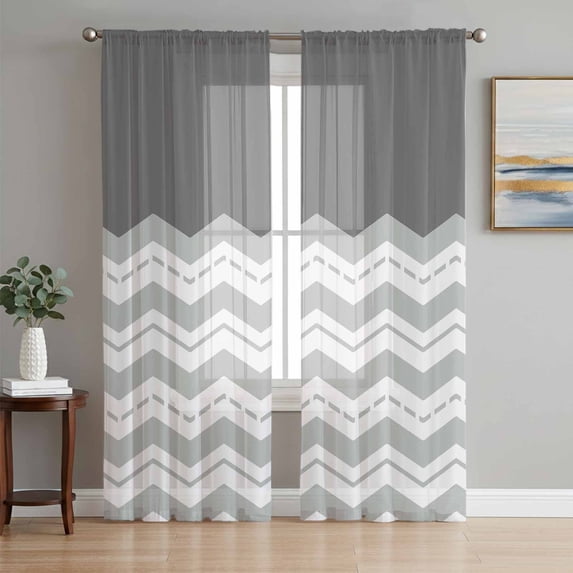 Sheer Curtains 63 Inch Length 2 Panels Set for Bedroom, Grey Chevron Semi Sheer Curtains for Windows, Geometric Ocean Abstract Wavy Striped White Voile Window Treatments Rod Pocket Curtain