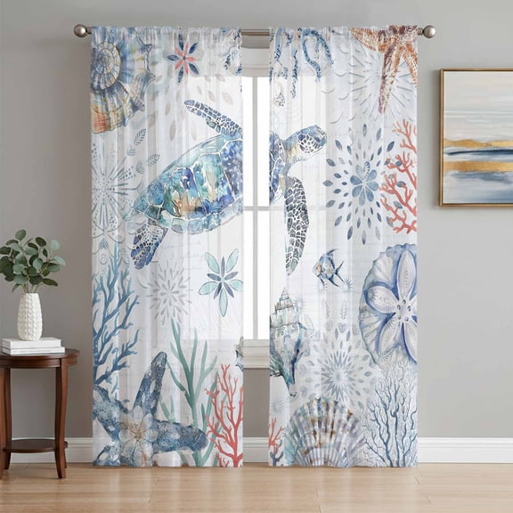 Sheer Curtains 63 Inch Length 2 Panels Set for Bedroom, Ocean Turtle Semi Sheer Curtains for Windows, Summer Coastal Coral Flower Shells Voile Window Treatments Rod Pocket Curtain