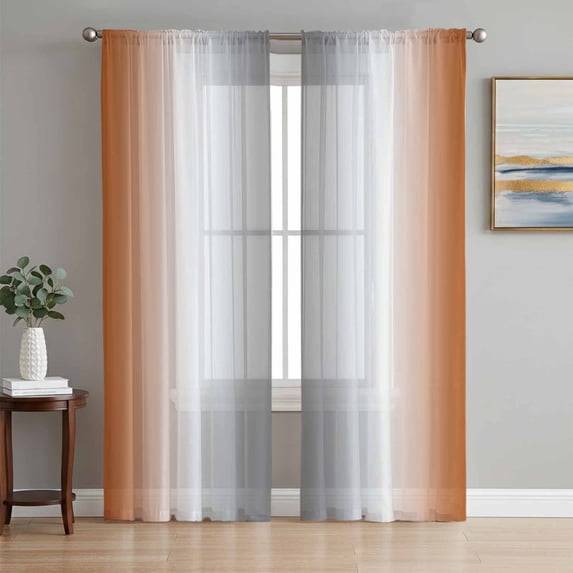 Sheer Curtains 63 Inch Length 2 Panels Set for Bedroom, Orange Grey Semi Sheer Curtains for Windows, Gray Farmhouse Modern Rustic Voile Window Treatments Rod Pocket Curtain