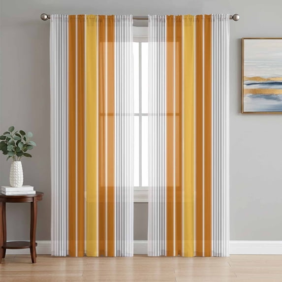 Sheer Curtains 63 Inch Length 2 Panels Set for Bedroom, Orange Stripes Semi Sheer Curtains for Windows, Modern Farmhouse Simple Vertical Lines Voile Window Treatments Rod Pocket Curtain
