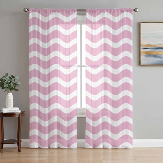 Sheer Curtains 63 Inch Length 2 Panels Set for Bedroom, Pink White Semi Sheer Curtains for Windows, Modern Abstract Waves Water Ripple Striped Voile Window Treatments Rod Pocket Curtain