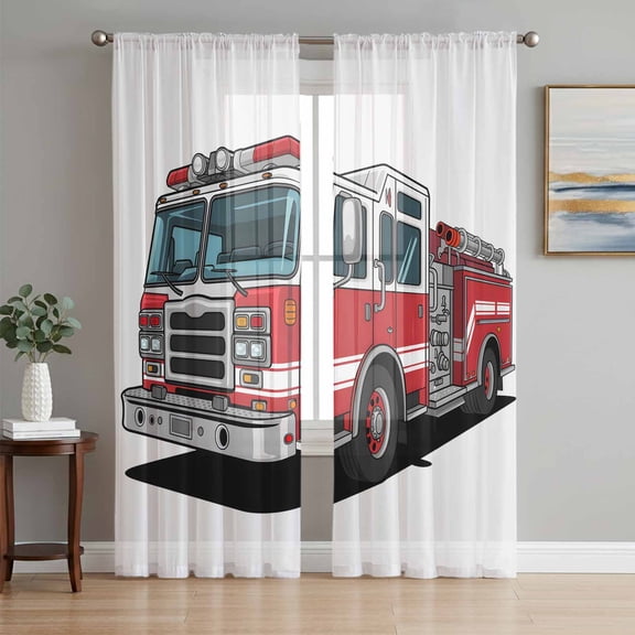 Sheer Curtains 63 Inch Length 2 Panels Set for Bedroom, Red Fire Truck Semi Sheer Curtains for Windows, Funny Cute Car Voile Window Treatments Rod Pocket Curtain