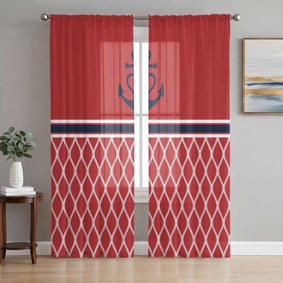 Sheer Curtains 63 Inch Length 2 Panels Set for Bedroom, Red Morocco Semi Sheer Curtains for Windows, Ocean Nautical Anchor Stripe Geometric Voile Window Treatments Rod Pocket Curtain